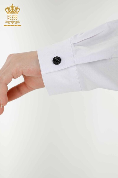 Toptan Kadın Gömlek Cep Detaylı Beyaz - 20352 | KAZEE - Thumbnail