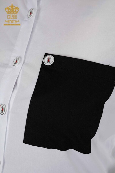 Toptan Kadın Gömlek Cep Detaylı Beyaz Siyah - 20309 | KAZEE - Thumbnail