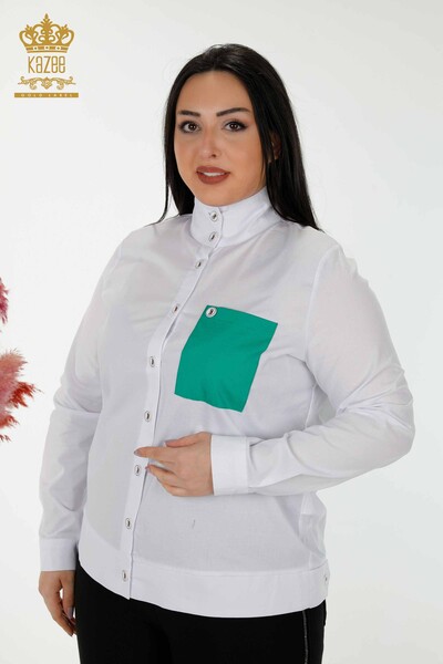 Toptan Kadın Gömlek Cep Detaylı Beyaz Yeşil - 20309 | KAZEE - Thumbnail