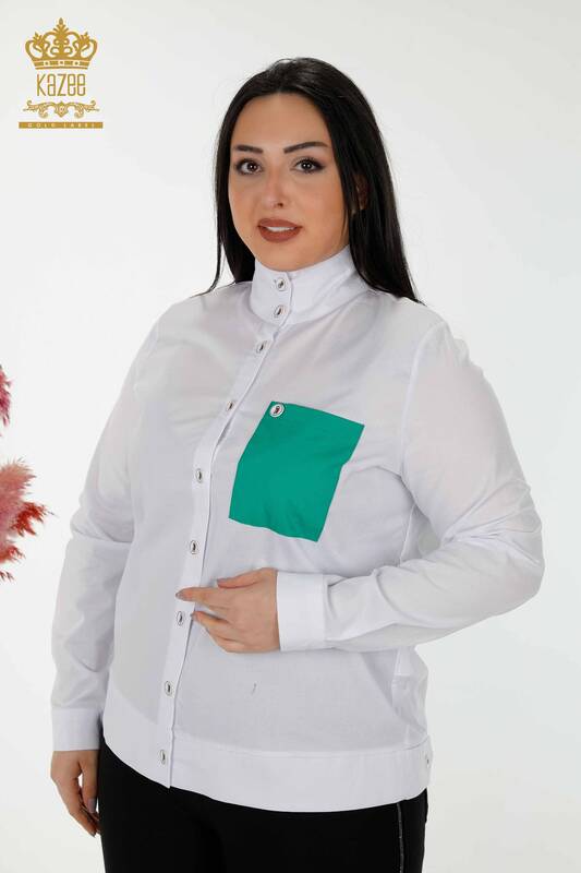 Toptan Kadın Gömlek Cep Detaylı Beyaz Yeşil - 20309 | KAZEE
