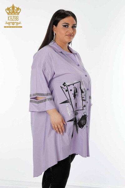 Toptan Kadın Gömlek Cep Detaylı Lila - 17199 | KAZEE - Thumbnail