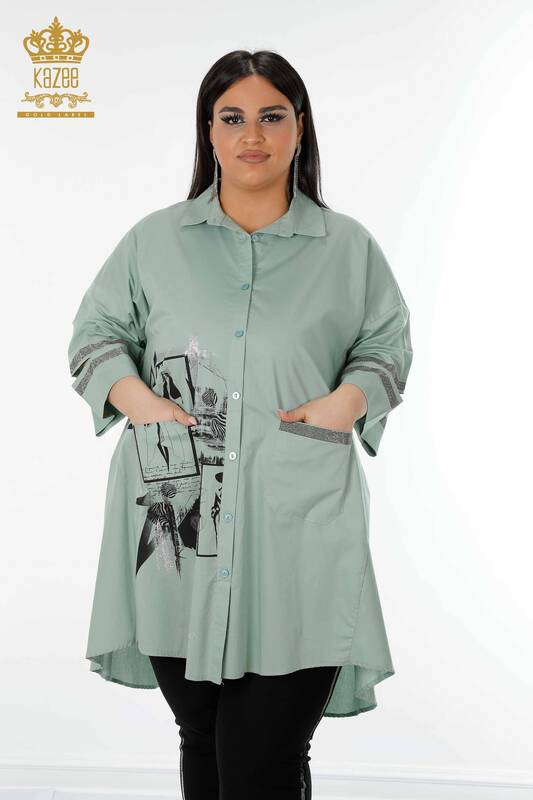 Toptan Kadın Gömlek Cep Detaylı Mint - 17199 | KAZEE