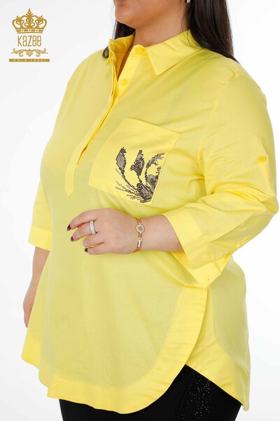 Kazee - Toptan Kadın Gömlek Cep Detaylı Renkli Taş İşlemeli Desenli - 20127 | KAZEE (1)