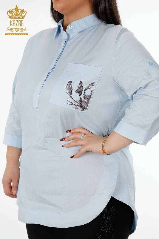 Toptan Kadın Gömlek Cep Detaylı Renkli Taş İşlemeli Desenli - 20127 | KAZEE