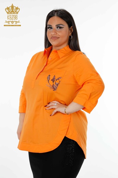 Toptan Kadın Gömlek Cep Detaylı Renkli Taş İşlemeli Desenli - 20127 | KAZEE - Thumbnail