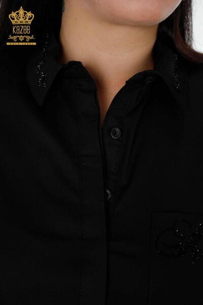 Toptan Kadın Gömlek Cep Detaylı Siyah - 20139 | KAZEE - Thumbnail