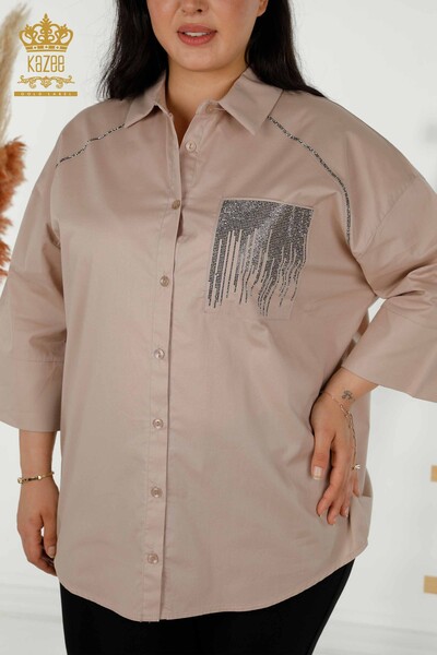 Toptan Kadın Gömlek Cep Taş İşlemeli Bej - 20346 | KAZEE - Thumbnail