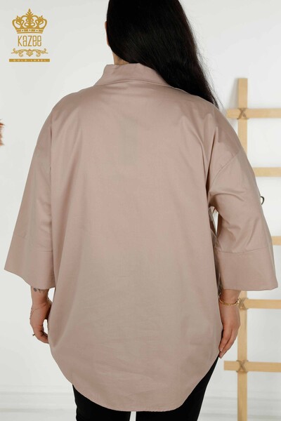 Toptan Kadın Gömlek Cep Taş İşlemeli Bej - 20346 | KAZEE - Thumbnail