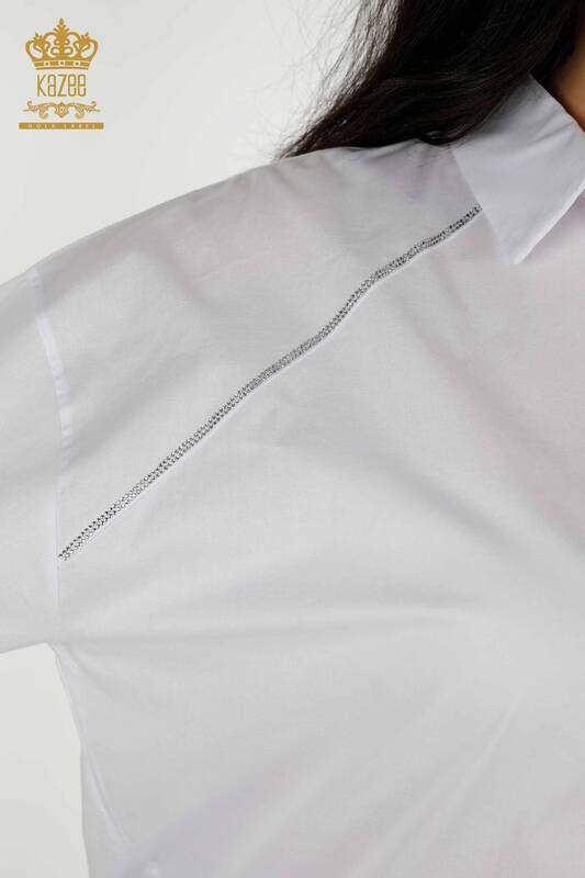 Toptan Kadın Gömlek Cep Taş İşlemeli Ekru - 20346 | KAZEE
