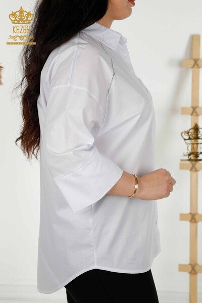 Toptan Kadın Gömlek Cep Taş İşlemeli Ekru - 20346 | KAZEE - Thumbnail