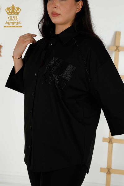 Toptan Kadın Gömlek Cep Taş İşlemeli Siyah - 20346 | KAZEE - Thumbnail