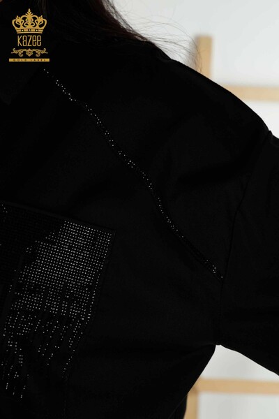Toptan Kadın Gömlek Cep Taş İşlemeli Siyah - 20346 | KAZEE - Thumbnail