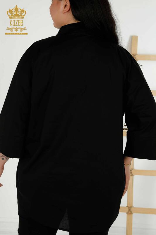 Toptan Kadın Gömlek Cep Taş İşlemeli Siyah - 20346 | KAZEE
