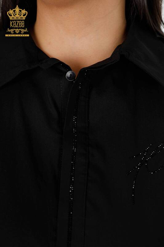 Toptan Kadın Gömlek Cepli Kristal Taş İşlemeli Koton Çizgili - 20203 | KAZEE