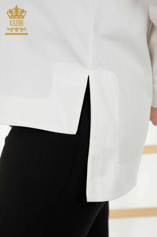 Toptan Kadın Gömlek Cepli Taş İşlemeli Ekru - 20248 | KAZEE