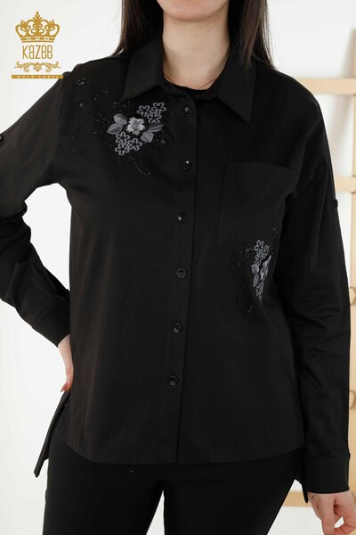 Toptan Kadın Gömlek Cepli Taş İşlemeli Siyah - 20248 | KAZEE - Thumbnail