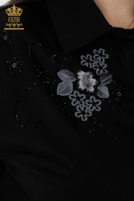 Toptan Kadın Gömlek Cepli Taş İşlemeli Siyah - 20248 | KAZEE