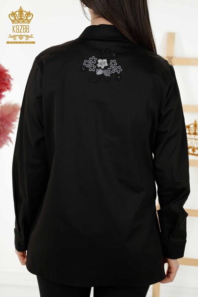 Toptan Kadın Gömlek Cepli Taş İşlemeli Siyah - 20248 | KAZEE - Thumbnail