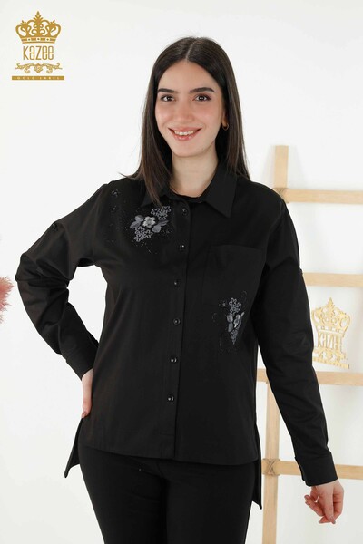 Toptan Kadın Gömlek Cepli Taş İşlemeli Siyah - 20248 | KAZEE