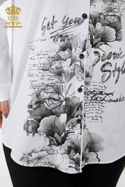Toptan Kadın Gömlek Çiçek Desenli Beyaz - 20351 | KAZEE - Thumbnail