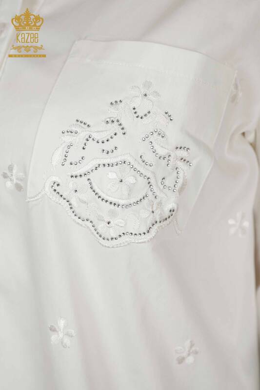 Toptan Kadın Gömlek Çiçek Desenli Cepli Ekru - 20412 | KAZEE
