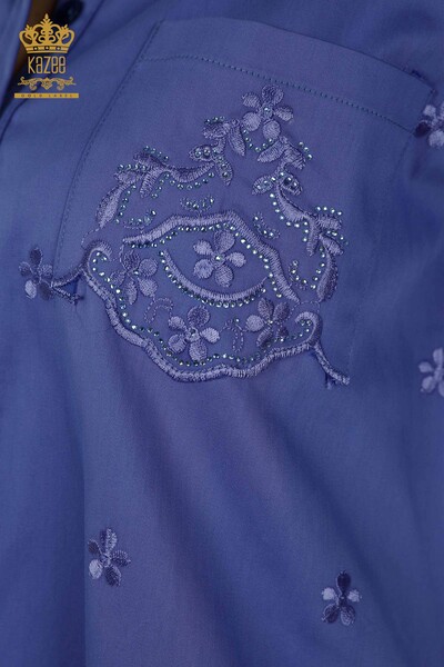 Toptan Kadın Gömlek Çiçek Desenli Cepli Lila - 20412 | KAZEE - Thumbnail
