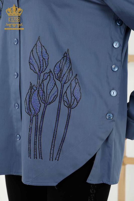 Toptan Kadın Gömlek Çiçek Desenli İndigo - 20297 | KAZEE
