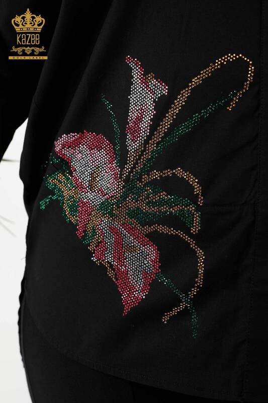 Toptan Kadın Gömlek Çiçek Desenli Siyah - 17053 | KAZEE