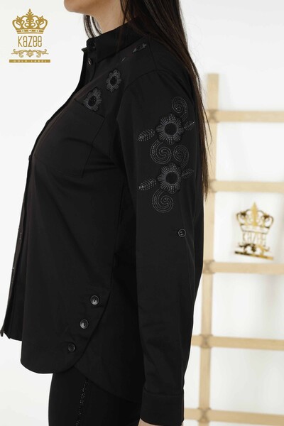 Toptan Kadın Gömlek Çiçek Desenli Siyah - 20246 | KAZEE - Thumbnail