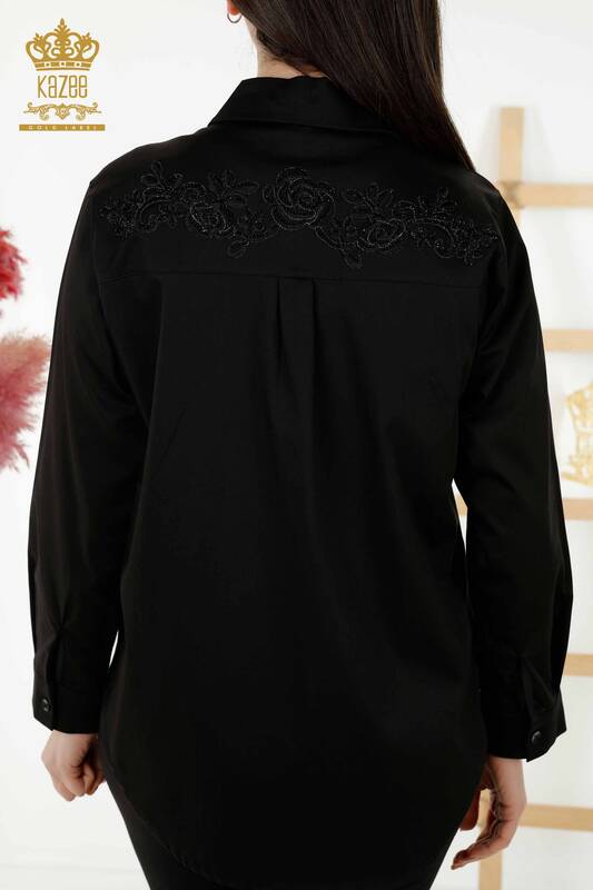 Toptan Kadın Gömlek Çiçek Desenli Siyah - 20249 | KAZEE