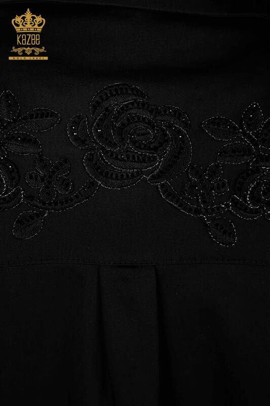 Toptan Kadın Gömlek Çiçek Desenli Siyah - 20249 | KAZEE