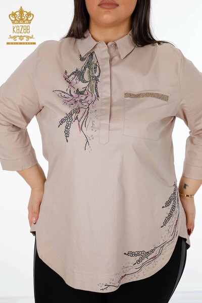 Toptan Kadın Gömlek Çiçek Desenli Taşlı Nakışlı Cep Detaylı - 20142 | KAZEE - Thumbnail