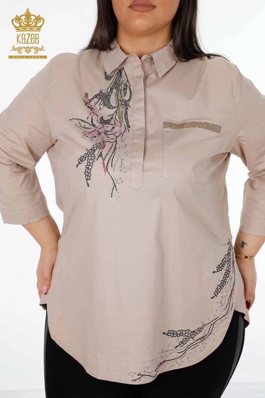 Toptan Kadın Gömlek Çiçek Desenli Taşlı Nakışlı Cep Detaylı - 20142 | KAZEE