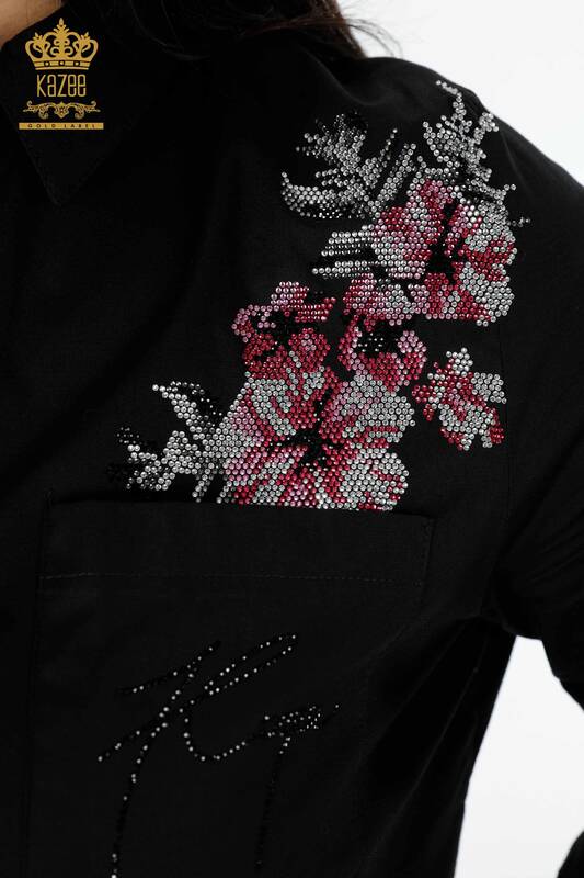 Toptan Kadın Gömlek Çiçek İşlemeli Cep Detaylı Renkli Taş İşlemeli - 20112 | KAZEE