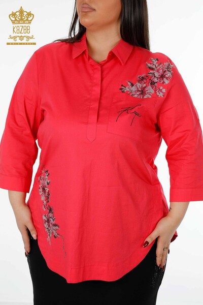 Toptan Kadın Gömlek Çiçek İşlemeli Cep Detaylı Renkli Taş İşlemeli - 20112 | KAZEE - Thumbnail