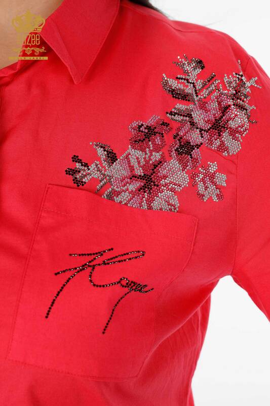 Toptan Kadın Gömlek Çiçek İşlemeli Cep Detaylı Renkli Taş İşlemeli - 20112 | KAZEE