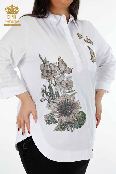 Toptan Kadın Gömlek Çiçek Kelebek Desenli Taşlı Nakışlı Koton - 20128 | KAZEE - Thumbnail