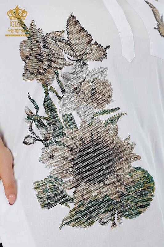 Toptan Kadın Gömlek Çiçek Kelebek Desenli Taşlı Nakışlı Koton - 20128 | KAZEE