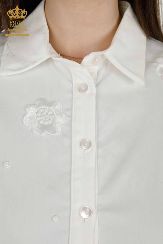 Toptan Kadın Gömlek Çiçek Nakışlı Ekru - 20394 | KAZEE