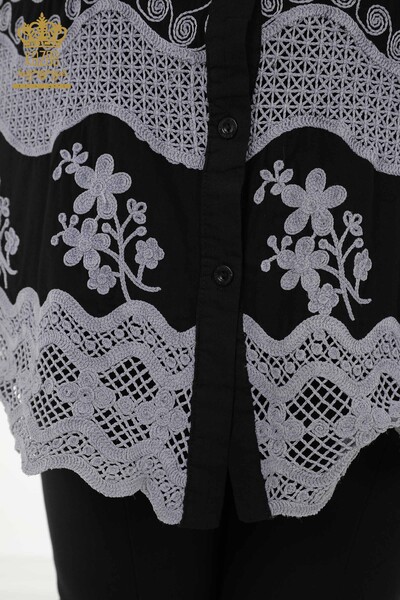 Toptan Kadın Gömlek Çiçek Nakışlı Siyah - 20354 | KAZEE - Thumbnail