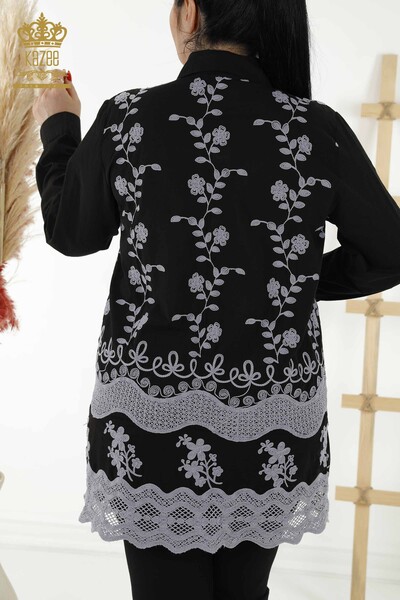Toptan Kadın Gömlek Çiçek Nakışlı Siyah - 20354 | KAZEE - Thumbnail