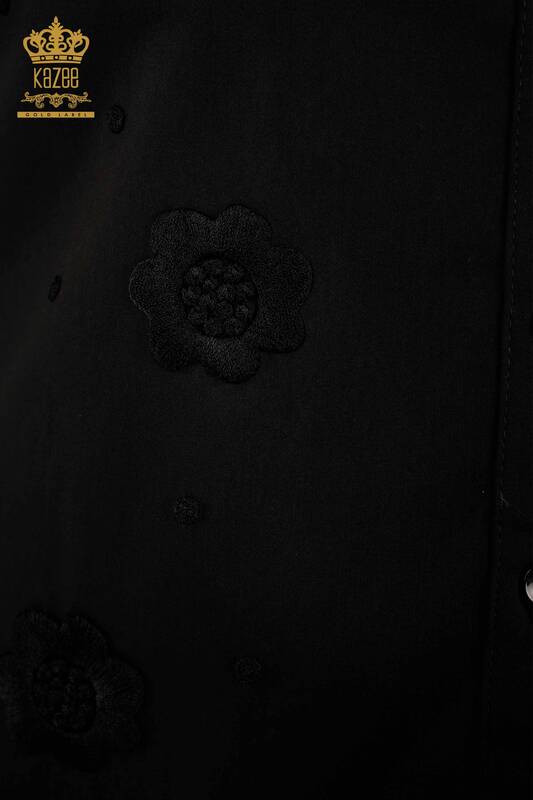 Toptan Kadın Gömlek Çiçek Nakışlı Siyah - 20394 | KAZEE