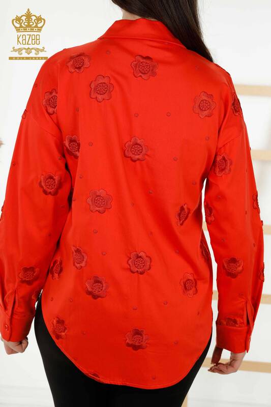 Toptan Kadın Gömlek Çiçek Nakışlı Turuncu - 20394 | KAZEE