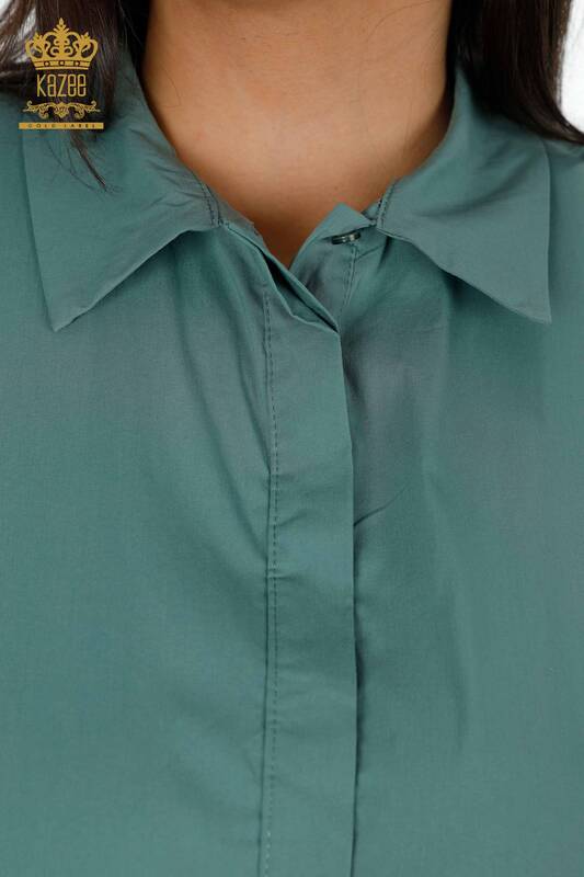 Toptan Kadın Gömlek Çift Cepli Taş İşlemeli Koton Desenli - 20198 | KAZEE