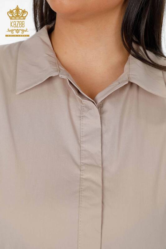 Toptan Kadın Gömlek Çift Cepli Taş İşlemeli Koton Desenli - 20198 | KAZEE