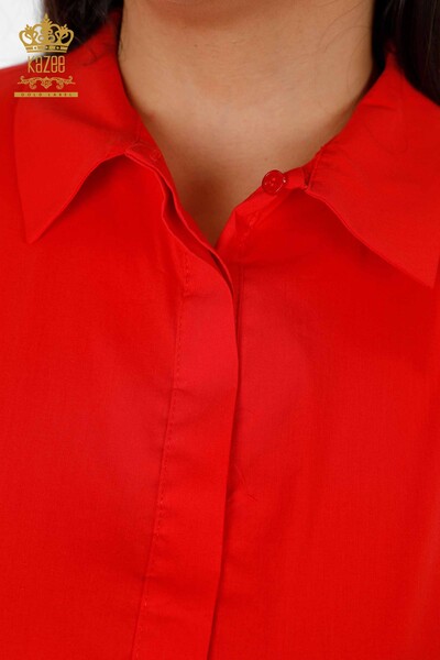 Toptan Kadın Gömlek Çift Cepli Taş İşlemeli Koton Desenli - 20198 | KAZEE - Thumbnail