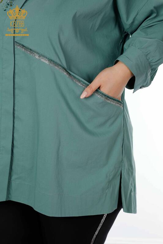 Toptan Kadın Gömlek Desenli Cepli Mint - 20197 | KAZEE