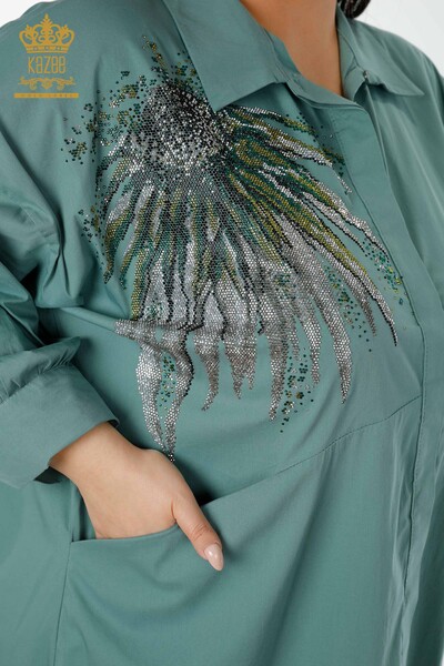 Toptan Kadın Gömlek Desenli Cepli Mint - 20197 | KAZEE - Thumbnail