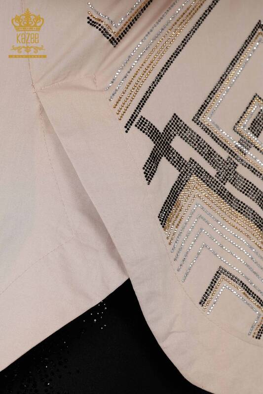 Toptan Kadın Gömlek Desenli Kristal Taş İşlemeli Koton - 20125 | KAZEE