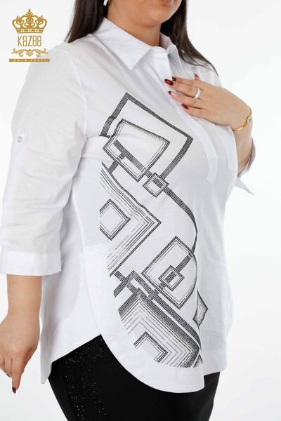 Toptan Kadın Gömlek Desenli Kristal Taş İşlemeli Koton - 20125 | KAZEE - Thumbnail